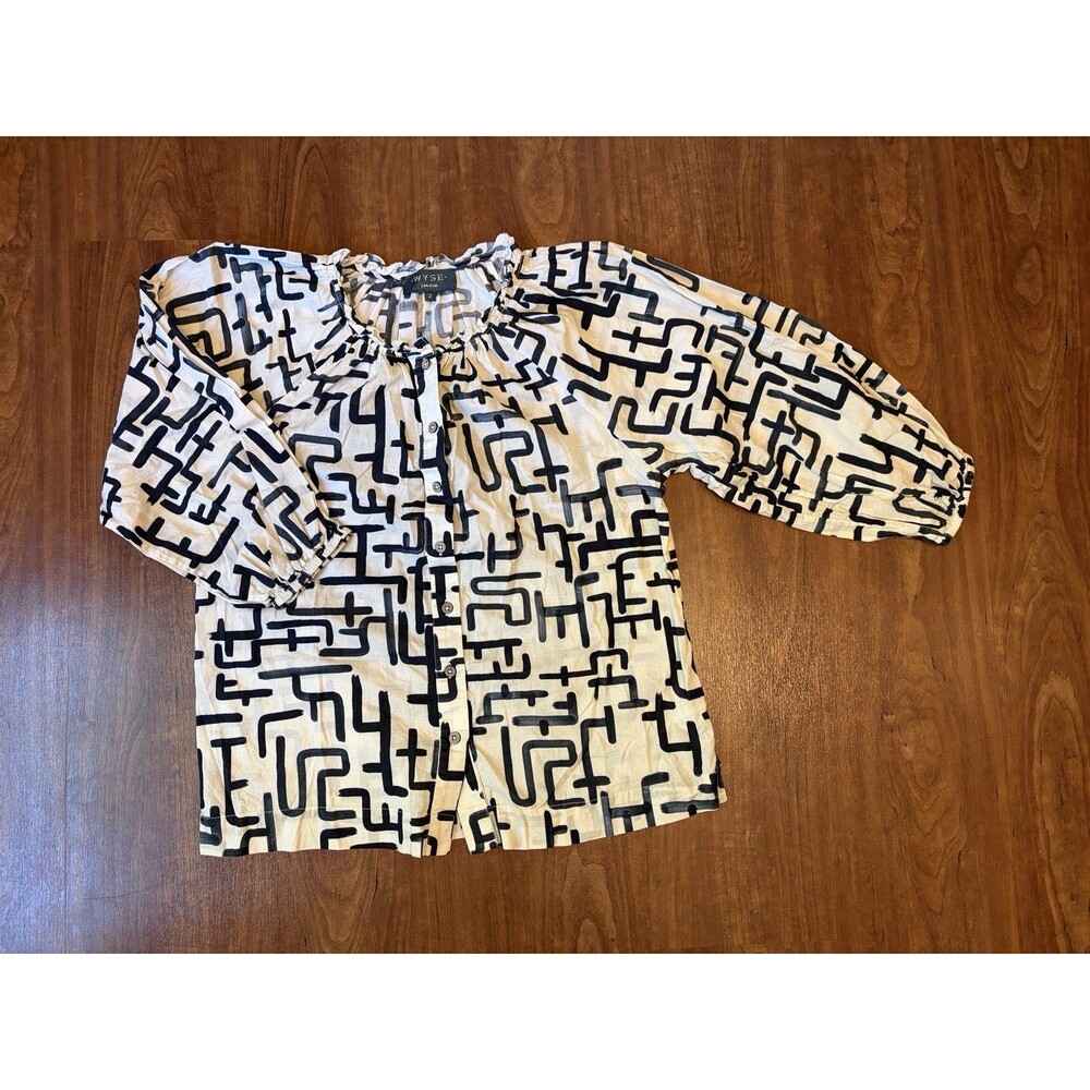 Wyse London Cotton Button Up Bonnet Blouse Geometric Line Size 2 (US 6)